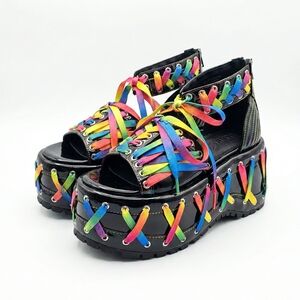 NWOT Current Mood Dolls Kill Rainbow Road Corset Platform Sandals - Black Patent